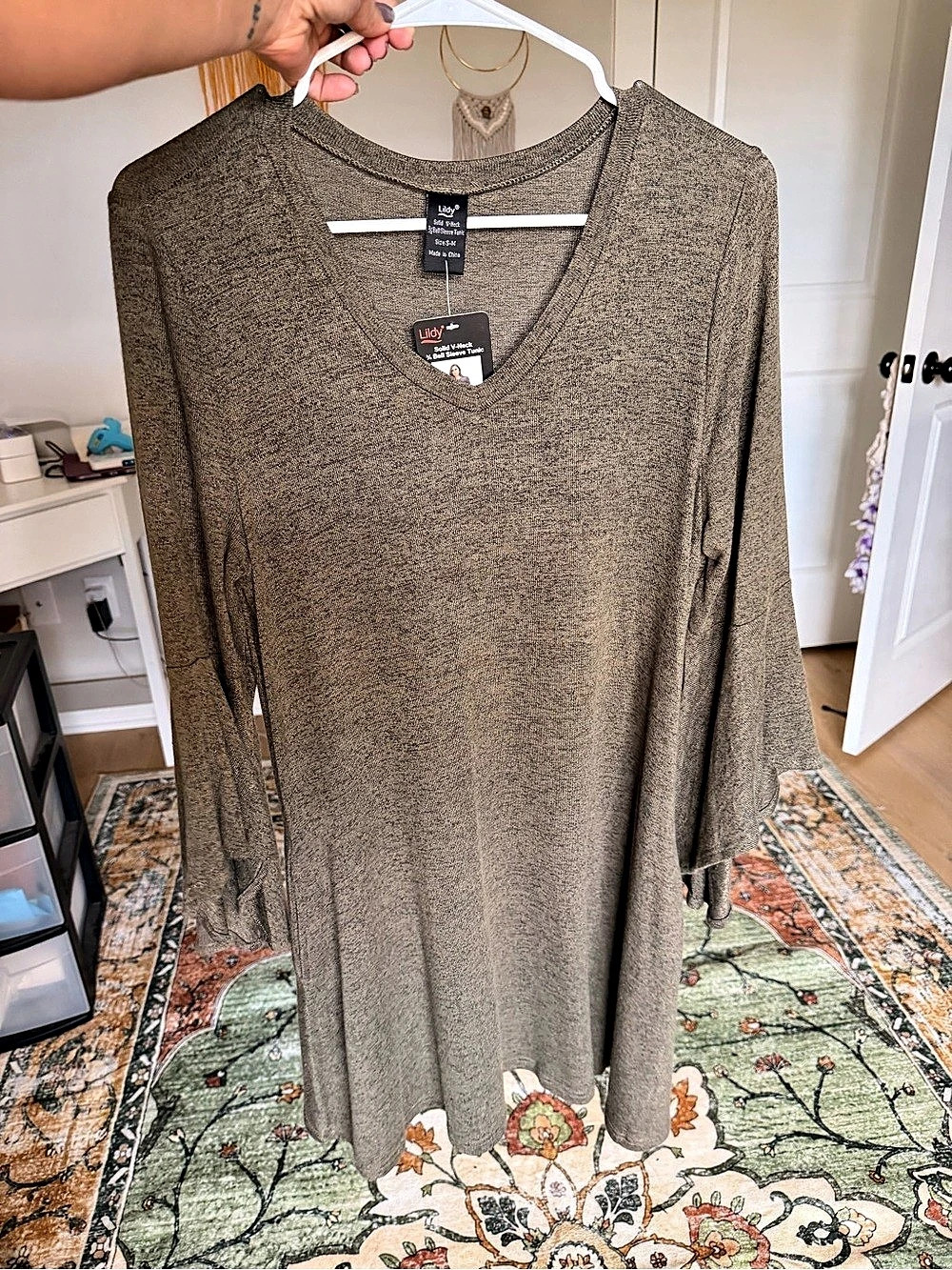Lildy Bell Sleeve Tunic Dress in Olive Green Size S-M NWT